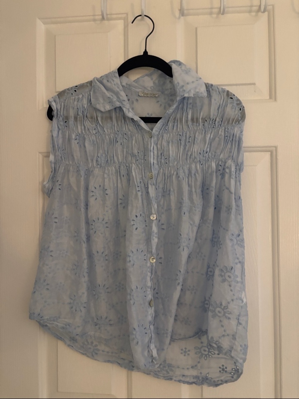Soft Light Blue Eyelet Sleeveless Button-Down Top
